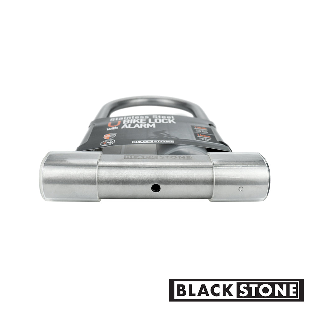Close-up view of the Black Stone stainless steel U bike lock with alarm, focusing on the locking mechanism and brand logo, against a white background