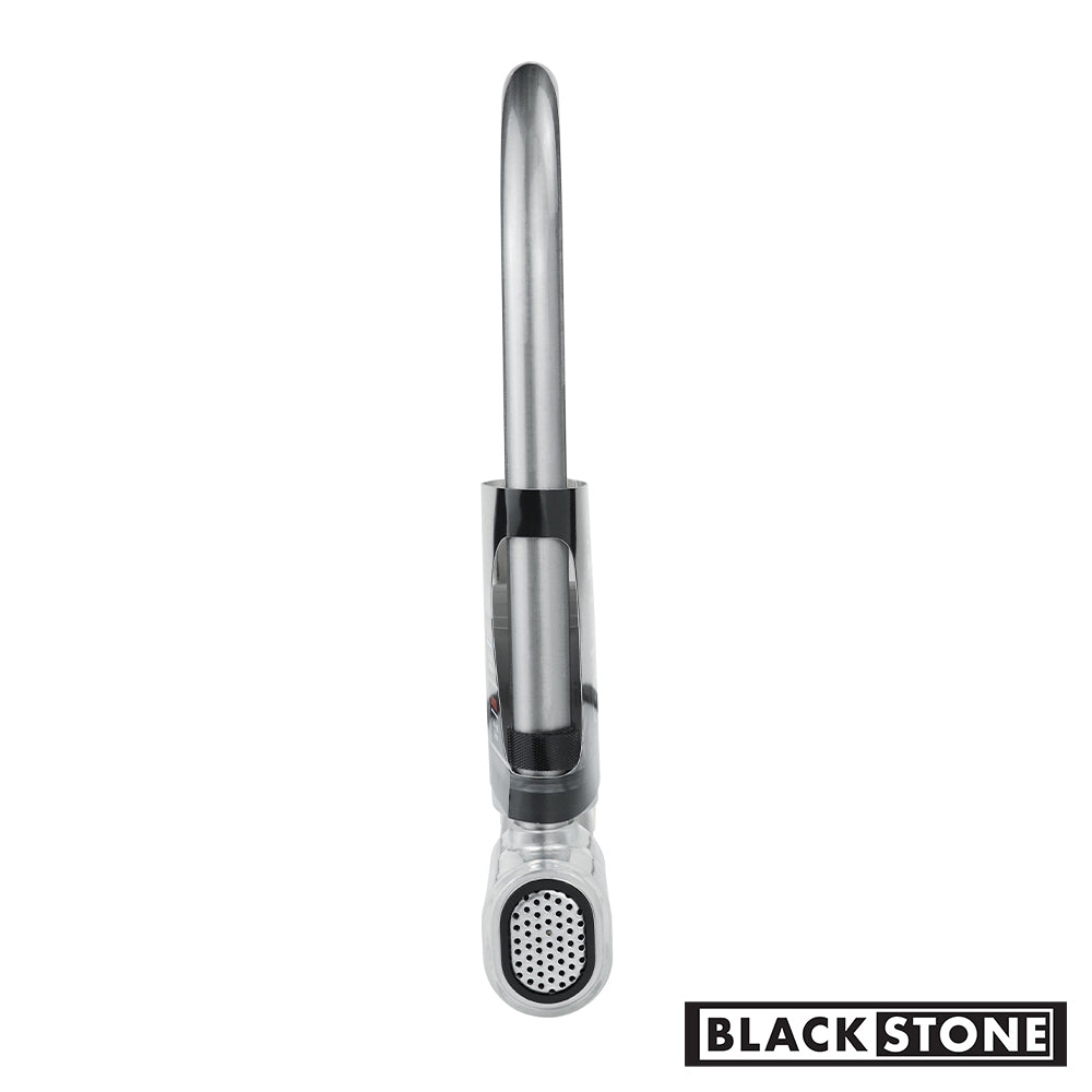 Vertical view of Black Stone bike lock with a top-down perspective, highlighting the cylindrical design and alarm speaker, against a white background with the brand logo