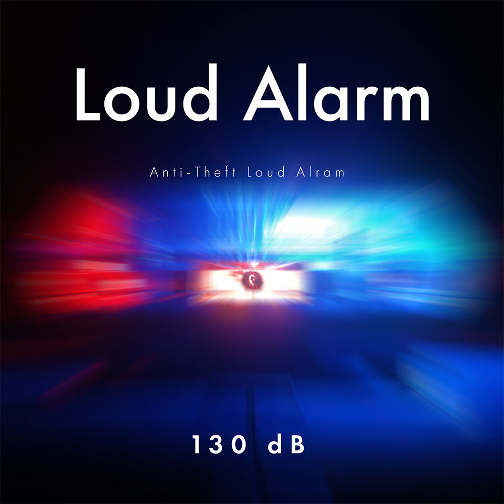 Dynamic image showcasing 'Loud Alarm - Anti-Theft Loud Alarm' with a visual representation of sound intensity using blue and red light bursts, emphasizing the 130 dB volume level