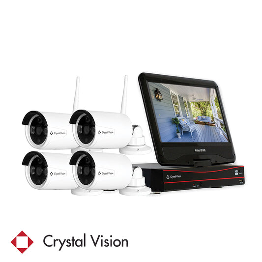 Product image of a Crystal Vision security system featuring a DVR with 10.1inch built in monitor displaying a house exterior and four 3mp wireless outdoor security cameras with antennas