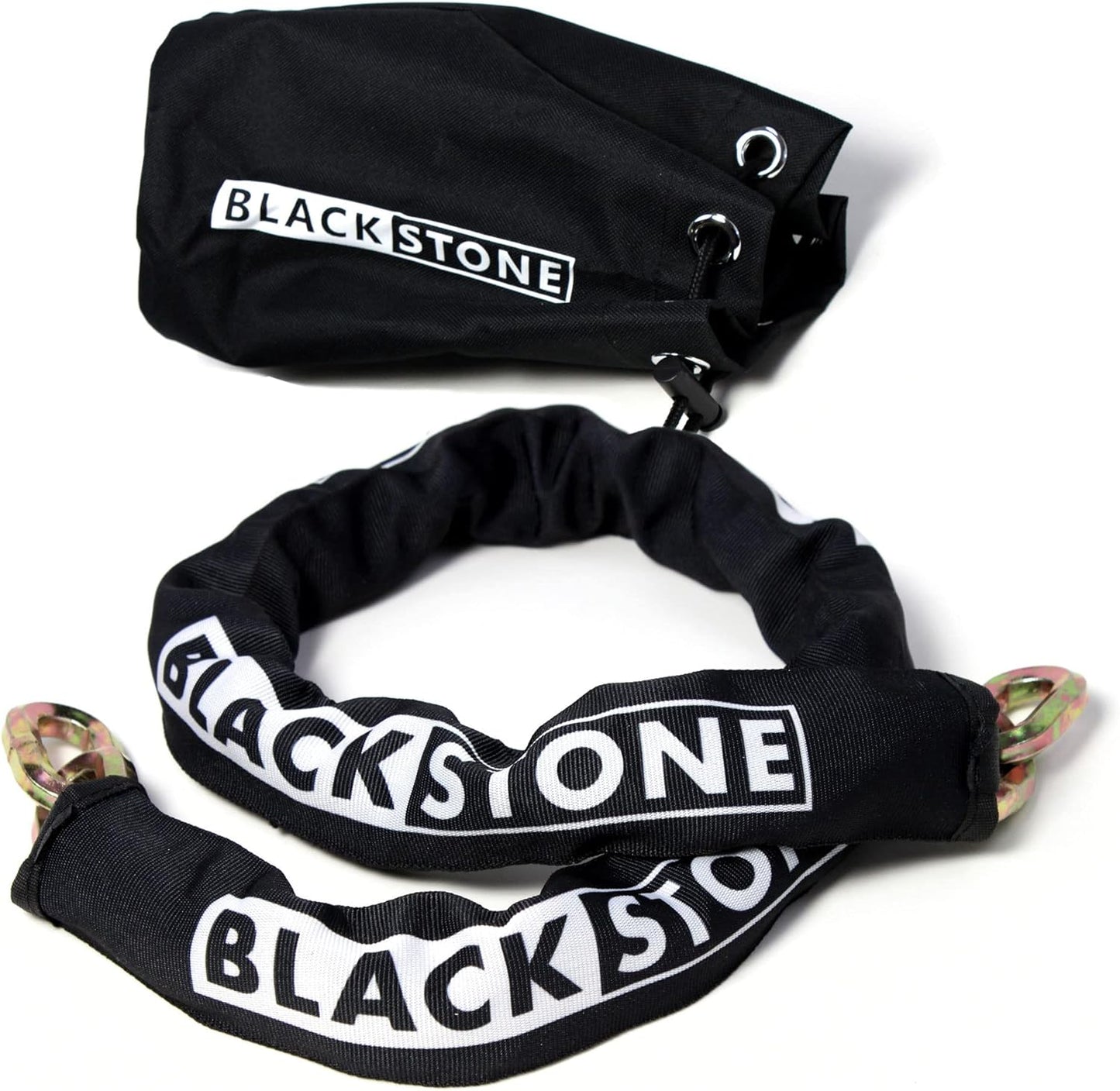 A coiled high-security Black Stone chain lock covered with a black sleeve featuring the brand's white logo, accompanied by a matching black storage pouch, on a white background