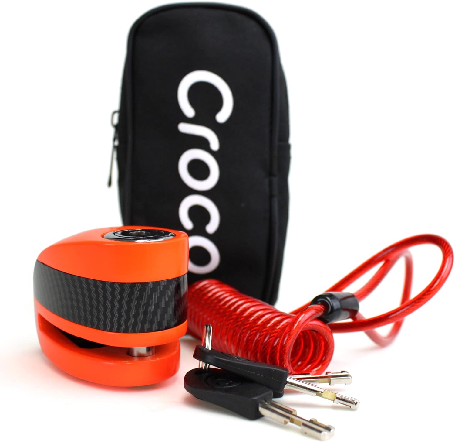 This image features a security product set against a white background. The set includes an orange and black disc lock with a 130 dB alarm, prominently featured in the foreground. To the left, a black carrying case with the word "Croco" in white letters provides a portable storage option. Accompanying the lock is a red coiled reminder cable, designed to prevent ride-away thefts by reminding the user to remove the lock before starting. Also included are three keys, which appear to fit the disc lock. 