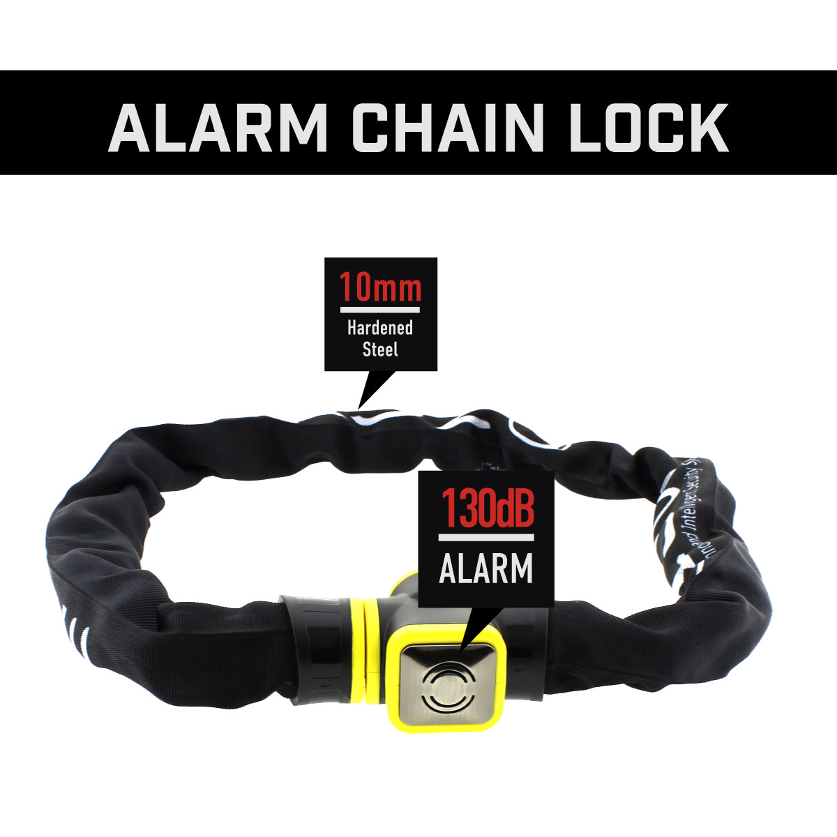 The image presents a security product by Blackstone called "ALARM CHAIN LOCK." It features a 10mm hardened steel chain covered with a black protective sleeve to prevent damage to objects it secures. The highlight of this lock is the integrated 130dB alarm system housed in a yellow lock unit, which provides an additional deterrent to potential theft. This type of lock is typically used for bikes or motorcycles, offering robust physical security along with the alarm feature for enhanced safety.