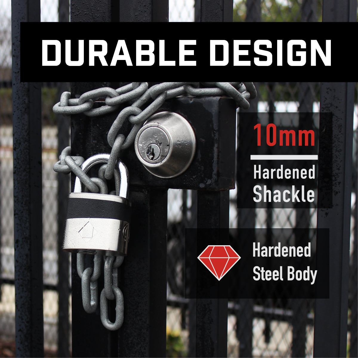 Heavy-duty padlock with an 10mm hardened shackle and hardened steel body by Black Stone, attached to a chain and securing a gate, emphasizing the durable design of the lock