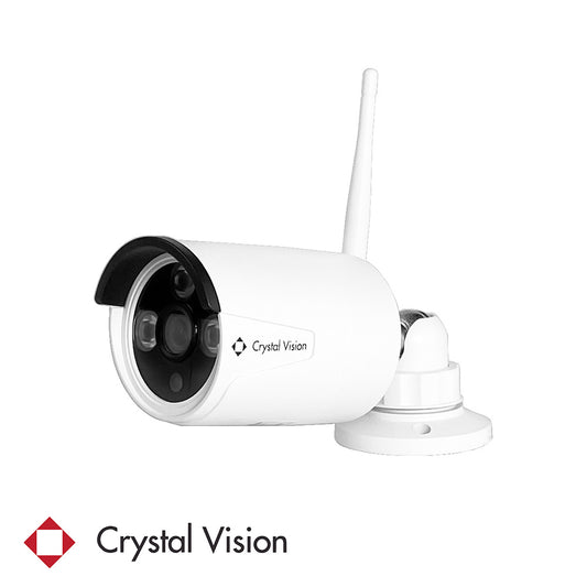 Product image of a Crystal Vision 3 mega pixel wireless security camera with antenna and airbridge function, black lens cover, set against a white background with the company logo