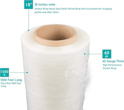 Stretch Film/Wrap 60 Gauge 1500ft Industrial Strength 18 inch Wide 400% Stretch Heavy Duty Shrink Film Roll (6 Rolls) - variant_title - 